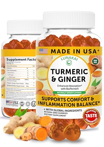Lunakai USA Made Turmeric and Ginger Supplement Gummies 500mg with Black Pepper High Absorption Curcumin Turmeric Gummies for Joint Comfort Daily Immune Support Non-GMO 60ct