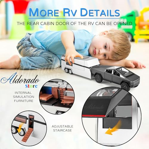 Image of 1:32 Tesla Cybertruck with Pickup Trailer Alloy Car Model Scale Diecast Metal Off-Road Vehicles Truck Model Sound and Light Kids (Gray)