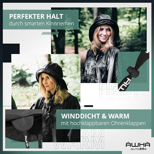 AWHA Südwester Regenhut schwarz/Unisex - wasserdichte Mütze mit breiter Krempe und Ohrenklappen