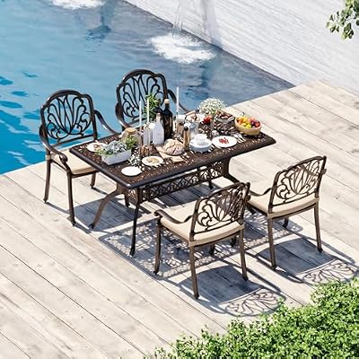 HOMTHING 5-Piece Cast Aluminum Outdoor Dining Table Set for 4 Person - 59.25" Large Dining Table with 2.35" Umbrella Holes & 4 Chairs with Seat Cushions