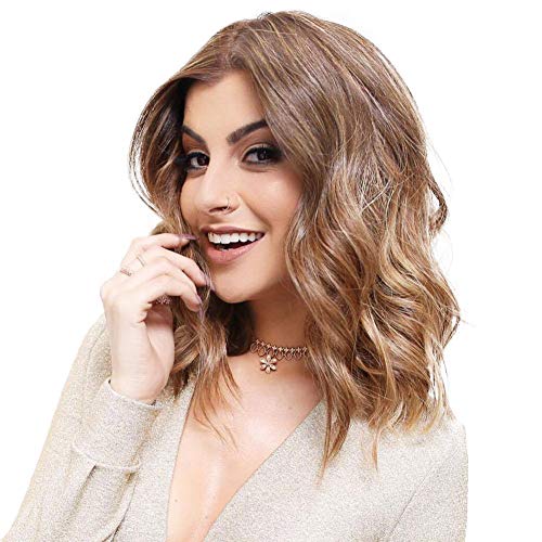 Fashion Short Bob Wigs 14" Shoulder Length Soft Silk Synthetic Kanekalon Dark Roots Bronzed Brown Color Women’s Wavy Wigs with Free Wig Cap (Ombre Brown)