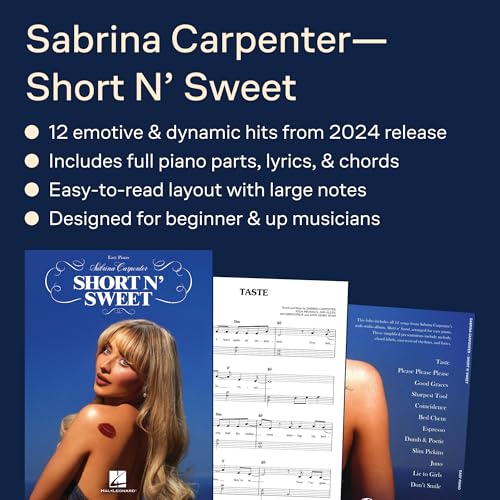 Sabrina Carpenter: Short N' Sweet | Easy Piano Sheet Music Songbook with Lyrics and Chord Symbols | Beginner Piano Pop Song Collection for Fans and Students | 12-Track Piano Book for Practice - image 2