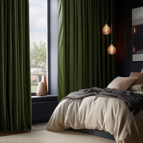 HPD Half Price Drapes Signature Velvet Thermal Blackout Curtains for Living Room 96 Inch Long (1 Panel) Rod Pocket Insulated Blackout Curtains for Bedroom Window Curtains, 50W x 96L, Basque Green