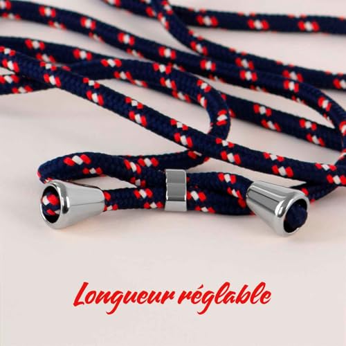 Coque de protection avec bande pour iPhone 16 Pro chaîne cordon bleu blanc rouge