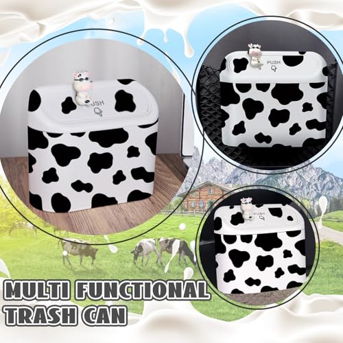 Image of SuperKaKa Car Cow Print Trash Can - White Garbage Organizer Holder with Black Trash Bag Rolls, Cute Automotive Dustbin for Most Cars Interior Accessories (1, White)