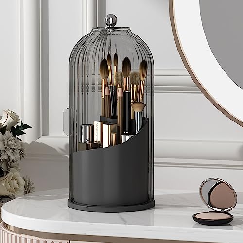 YOOLENS Makeup Brush Holder with Lid 360 Rotating Clear Dustproof Make Up Organizers for Vanity Bathroom Countertop, Black