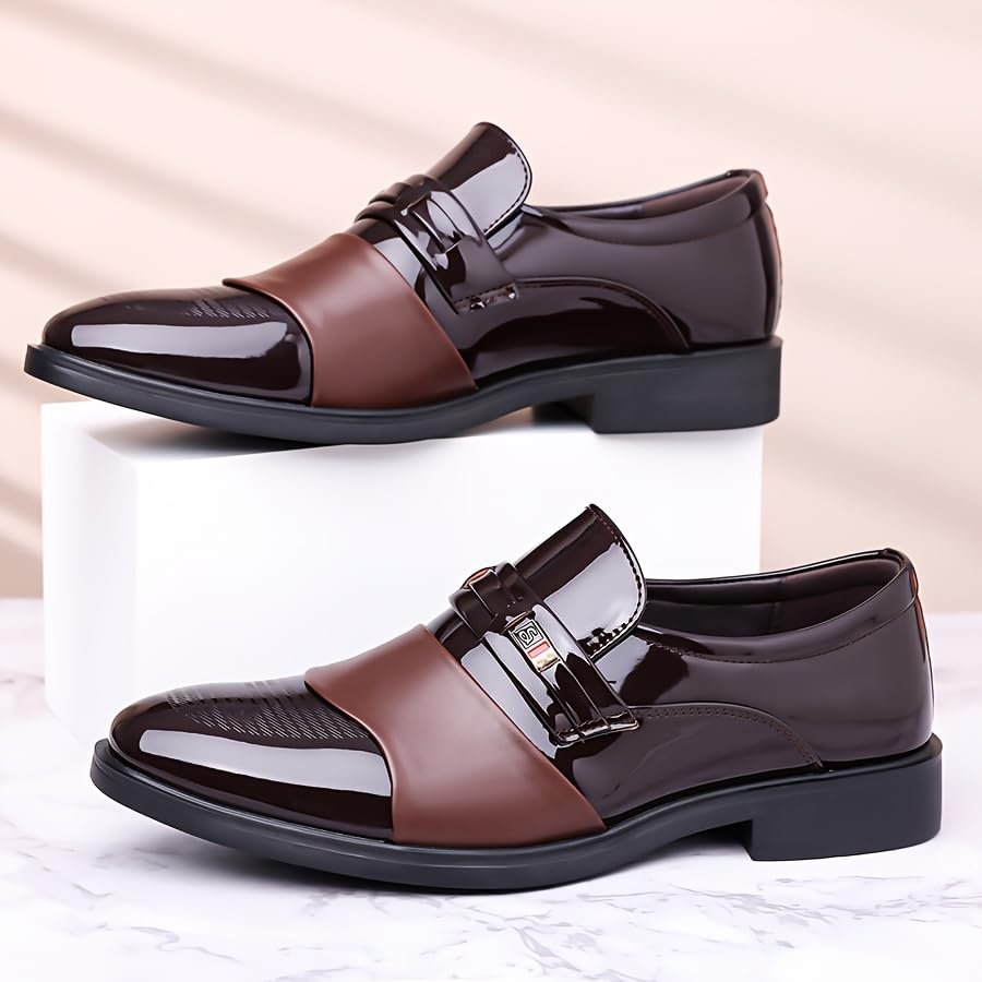 Men's Glossy Finish Dress Shoes - Business Casual Style, Solid Color, Pointed Toe, Slip-On Design, Rubber Sole, Comfortable for Work & Social Event2