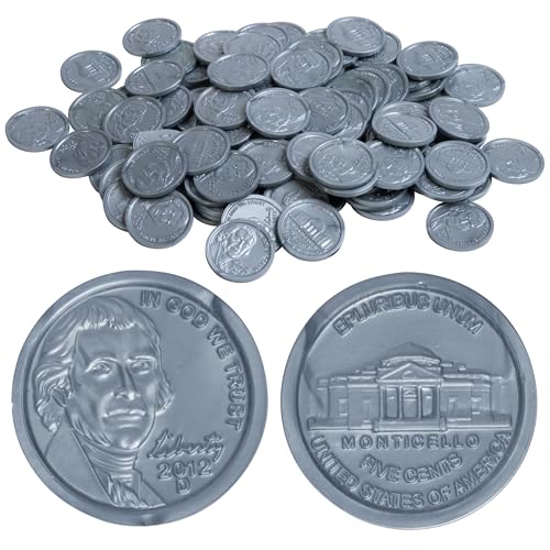LEARNING ADVANTAGE-7522 Play Nickels - Set of 100 Plastic Coins - Designed and Sized Like Real US Currency - Teach Money Math With This Pretend Play Resource
