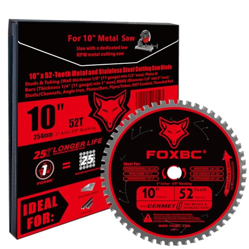 FOXBC 10 Inch Metal Steel Cutting Saw Blade 52 Teeth, 1" Arbor with 5/8" Bushing, Cermet Carbide Up to 5X Longer Life Detail