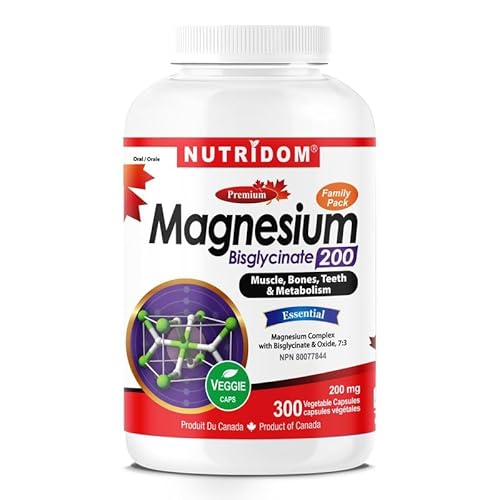 Nutridom Magnesium Bis-Glycinate 200mg, 300 Veggie-Capsules, Chelated Magnesium Complex Supplement, Vegan, Non-GMO, Gluten Free, Soy Free, and Dairy Free