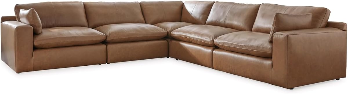 Signature Design by Ashley 5-Piece Leather Modular Sectional Couch, Caramel | Plush feather-blend cushions, Combination of leather and faux leather, Modular L-shape layout, Emilia Series