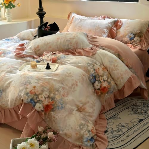 Image of VM VOUGEMARKET Romantic Ruffle Floral Duvet Cover Set Twin,Ultra Soft Double Layer Cotton Plush Pink Bedding Set,Vintage Cottagecore Aesthetic Botanical Comforter Cover for Teen Girls