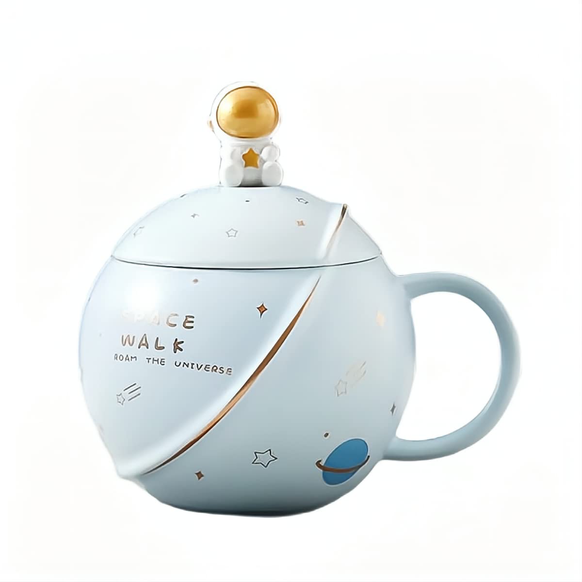 Gawmfoiuy 15 Oz Astronaut Mugs with Lid and Spoon Planet Ceramic Mug ,Mugs for Tea, Coffee,Birthday Gifts for Parents And Friends.Space Mug(Blue)