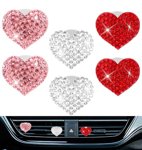 Image of 6PcsBling Heart Air Vent Clips, Sparkling Heart Air Vent Clips Car Accessories for Easy Installation and Car Interior Decor, White Red and Pink