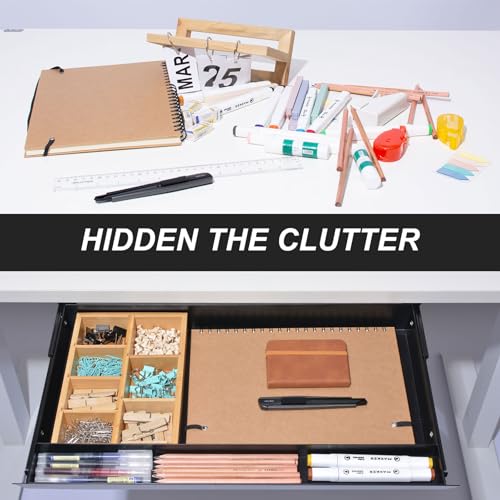 Image of Large Under Desk Mounted Sliding Drawer with Bamboo Tray and 60 Degree Tilt Panel to Pull Out, 22'' Long & 13'' deep Large Storage Organizer for Sit Stand Workstation
