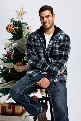 Image of TanBridge Men's Cotton Plaid Shirts Jacket Full Zip Fleece Flannel Sherpa Lined Hoodies Heavyweight Hoodies Jacket for Men