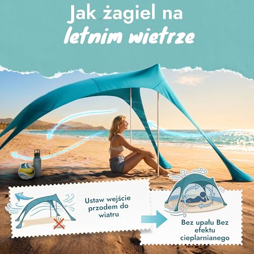 MOMEVO - Sunsail Young Family namiot plażowy – żagiel przeciwsłoneczny na plażę z certyfikowaną ochroną UV UPF50+ (do 4 osób, kolor petrolowy)