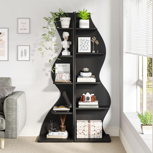 Image of Tribesigns Corner Shelf, Modern 5-Tier Wall Corner Bookshelf, Stylish Corner Small Bookcase Storage Rack Plant Stand with Unique Shape for Living Room, Home Office, (2PCS, Black)