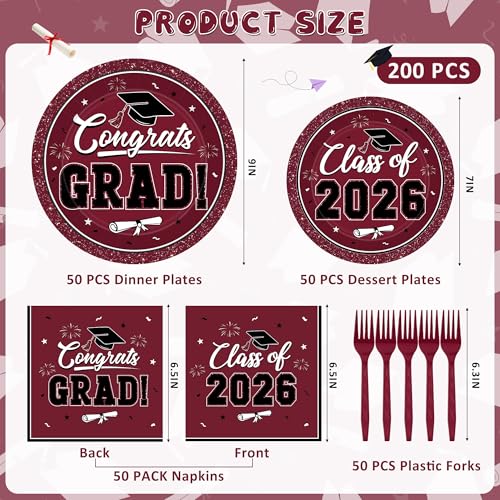 Image of QZYL 200Pcs Graduation Supplies Set, Burgundy Graduation Plates, Napkins, Dessert Plates and Plastic Forks, Disposable Grad Party Supplies for 50 Guests, Grad tableware for 2026 School Ceremony