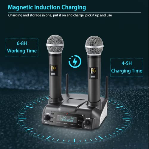 Bekboes Professional Dual Dynamic Handheld Uhf Wireless Microphone System, Magnetic Inductive Wireless Charging, 165Ft Range For Home Karaoke/Meeting/Party/Church/Wedding #TOP2