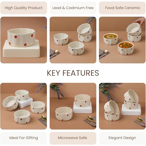 Image of The Earth Store Cream Apple Vegetable Bowl - 250ML Ceramic Bowl Set of 4 | Microwave & Dishwasher Safe Bowl Ceramic for Home, Gifting & Restaurants