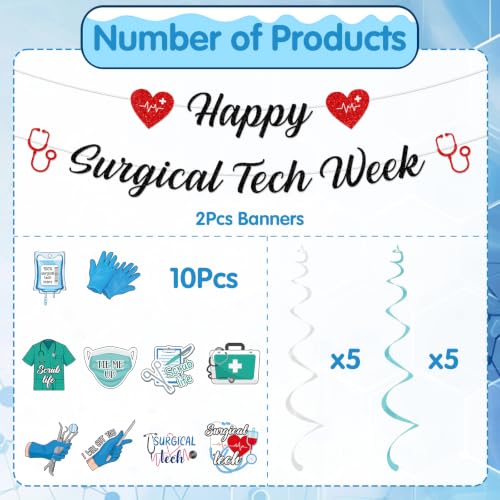 Image of 12PCS Happy Surgical Tech Week Banner Hanging Swirls Decorations | surgical tech week decor set, 2 banners 10 hanging swirls, theme, easy hanging, medical appreciation party supplies