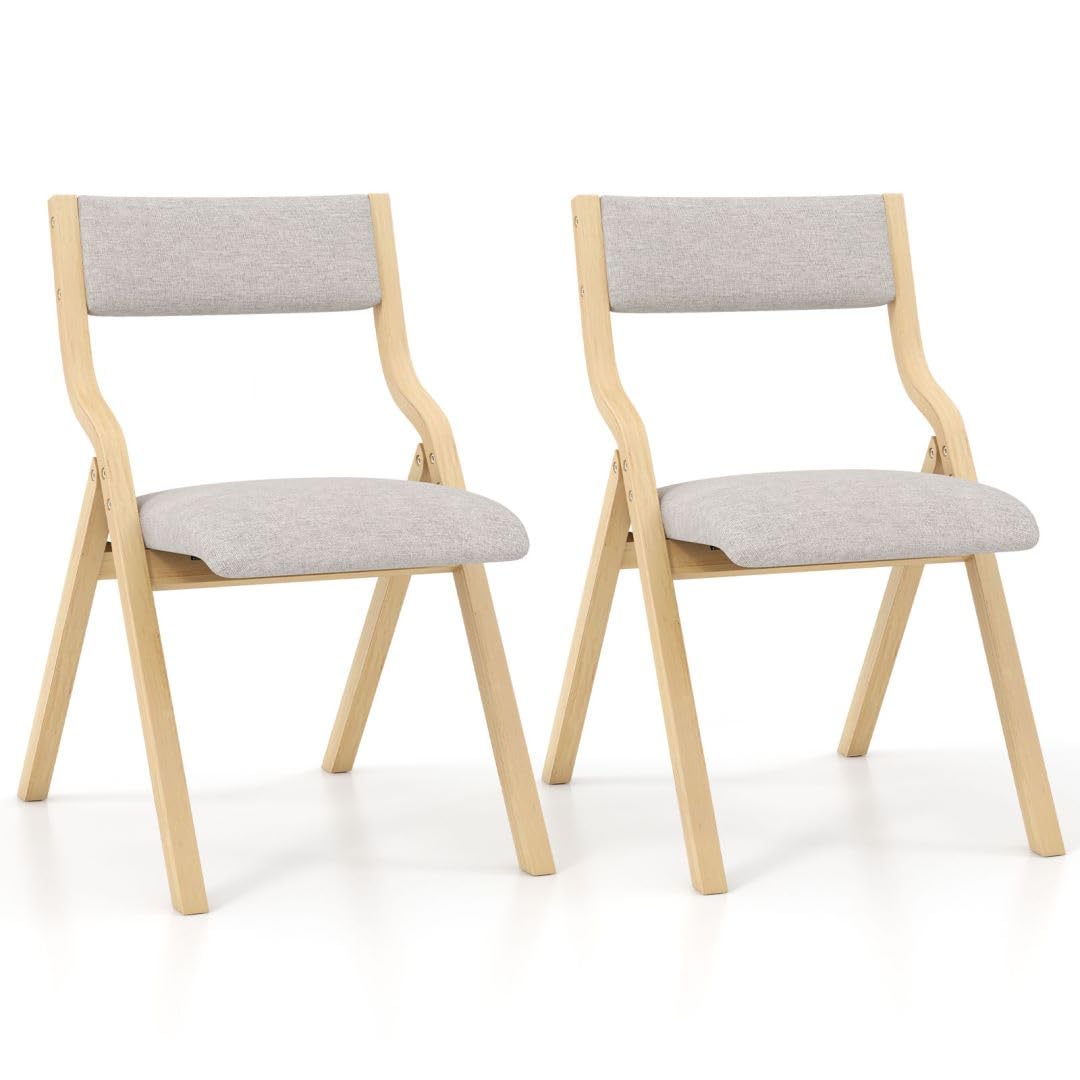 TANGZON Foldable Dining Chairs Set of 2, Upholstered Linen Fabric Kitchen Chairs with Backrest & Anti-slip Foot Pads, Space-saving Reception Side Chairs for Home Living Room Lounge (Grey+Natural)