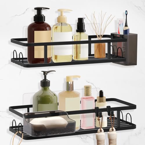 Alyvisun Etagere Douche Sans Percage, Etagere Douche 4 Pièces avec Porte-Savon, Porte-Brosse à Dents, Porte Gel Douche Salle de Bain Grande Capacité,...