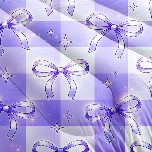 Image of AILONEN Violet Checkered Comforter Full 3 Piece Preppy Bow Bedspread Breathable Fabric Padded Quilt Teens Cool Room Decoration Plaid Pattern Lavender Cover 2 Shams