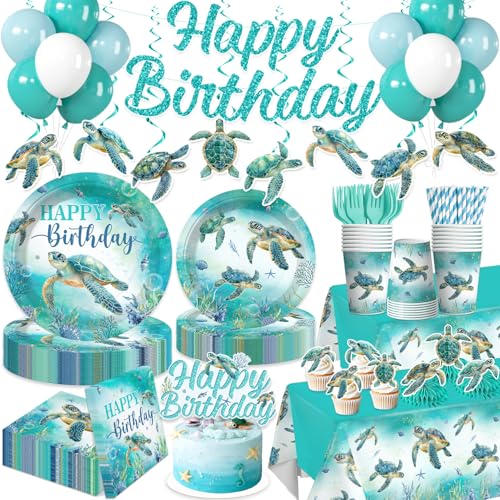 205 Pcs Sea Turtle Birthday Decorations Serves 25 Guests Disposable Tableware Set with Banner Balloons Cake Toppers Plates Napkins Tablecloth - Easy Assembly Turtle Birthday Decorations