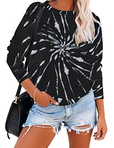 luvamia Women Casual Tie Dye Pullover Sweatshirts Long Sleeve Oversize Color Block Shirts Tops Black with Beige Size Small
