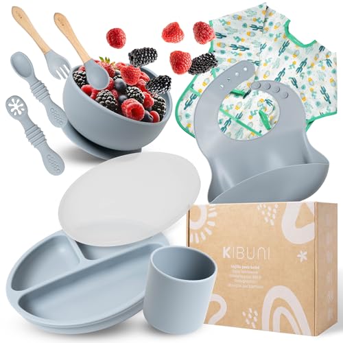 Kibuni│Vajilla bebé de silicona│10 piezas libre de BPA, antideslizante y segura│Incluye vaso, cucharas de aprendizaje, platos con ventosa, babero y bata impermeable│Ideal para BLW y regalo bebe (Azul)