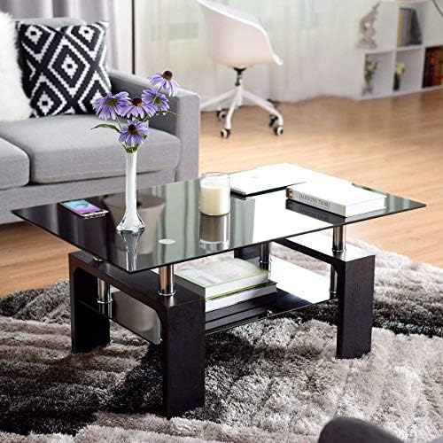 Leisure Zone Tempered Glass Chrome Living Room Coffee Table, Black Modern Rectangle Tea Table with Lower Shelf Wooden Legs, Size:L 100 X W 60 X H 45 cm