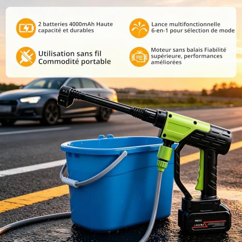 Nettoyeur haute pression sans fil portable 6 en 1 avec 2 batteries 21 V pour terrasse et voiture, tuyau d'eau sans fil de 5 m pour nettoyage du sol/jardin (vert) – vue 3