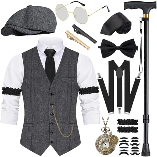 VillbeCoser 1920s Mens Costume, Roaring 20s Costumes Accessories Set Vest Foldable Crutches Fedora Hat Vintage Pocket Watch Bow Tie and Tie Gangster Costume 20s Party Outfits(Darkgrey-XL)