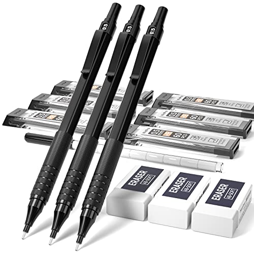 Nicpro Lot de 3 crayons mécaniques automatiques en métal noir avec 6 tubes HB et 3 gommes pour l'écriture de dessin, dessin et croquis Livré avec étui Cover
