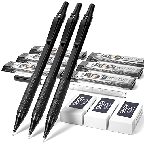 drawing black pencil - Nicpro 0.5 mm Mechanical Pencils Set with Case, 3 Metal Artist Pencil With 6 Tubes HB Lead Refills, 3 Erasers, Eraser Refills For Architect Art Writing Drafting, Drawing, Engineering, Sketching, Black