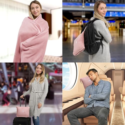 Image of BlueHills Premium Soft Long Travel Blanket Pillow for Tall Airplane Flight Blanket 70 X48 inch Throw in Soft Bag case with Backpack Clip Compact Large Plane 2 in 1 Combo Pink T055