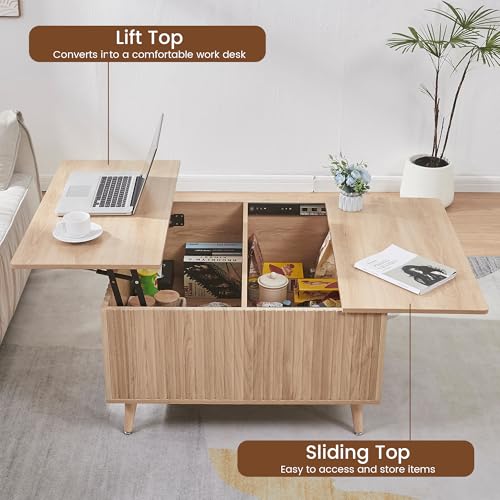 Image of Square Coffee Table for Living Room, Lift Top Coffee Table with Storage, Fluted Coffee Tables with Lifting Top, Mid Century Modern Center Tea Table for Home Office, Studio, Natural Oak