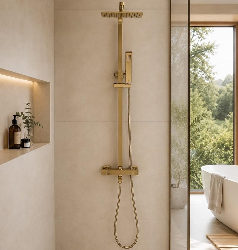 Beulah - Miscelatore termostatico quadrato per doccia e vasca da bagno (3 in 1), in ottone spazzolato, doppia funzione, beccuccio per vasca da bagno