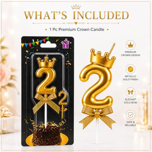 Image of Unscented Number Candles with Crown 3 inch for Birthday Parties, Wedding, Engagement, Celebrations, Theme Party, Bridal Shower, Bachelors Decoration, Gold (Numerical No 2)