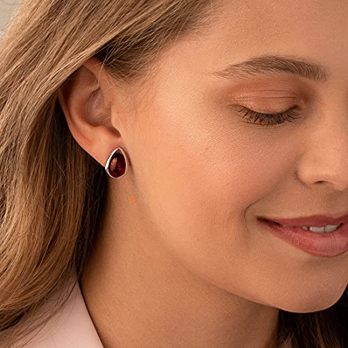 Peora Genuine Baltic Amber Earrings For Women 925 Sterling Silver, Solitaire Studs, Oval Shape, Rich Cognac Color, Friction Backs #TOP1
