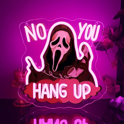 Image of Symone No You Hang Up Halloween Ghostface Mask Neon Sign, Halloween Skull Neon Light USB Powered, for Halloween Party Spooky Decor Neon Horror Decor Horror Movie Sign Halloween Gifts(11.8 * 11.6 In)