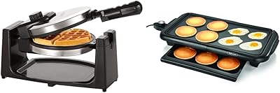 BELLA Classic Rotating Non-Stick Belgian Waffle Maker, Stainless Steel & Electric Griddle w Warming Tray, Make 8 Pancakes or Eggs At Once, Fry Flip & Serve Warm, 10" x 18", Copper/Black
