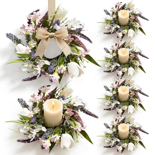 6 Pcs Mini Spring Tulips Candle Rings Wreaths Artificial Purple Lavender Small Pillar Holder Wreath Summer Floral Candle Holder Wreath for Farmhouse Porch Front Door Cabinets Table Decoration