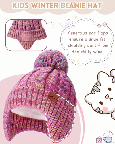 Image of KMOLY Kids Toddler Winter Hat 2PCS,Thick Warm Beanies with Pom Pom Fleece Lined Earflap Knit Hat for Boys Girls Children