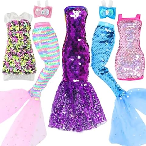 BLIJOLA Doll Clothes 5 Sets Sequins Dresses for 11.5 Inch Girl Doll Including 2 Mermaid Clothes Swimwear 1 Evening Dress 2 Casual Dress Party Outfits Fashion Show(Sequin B) Cover