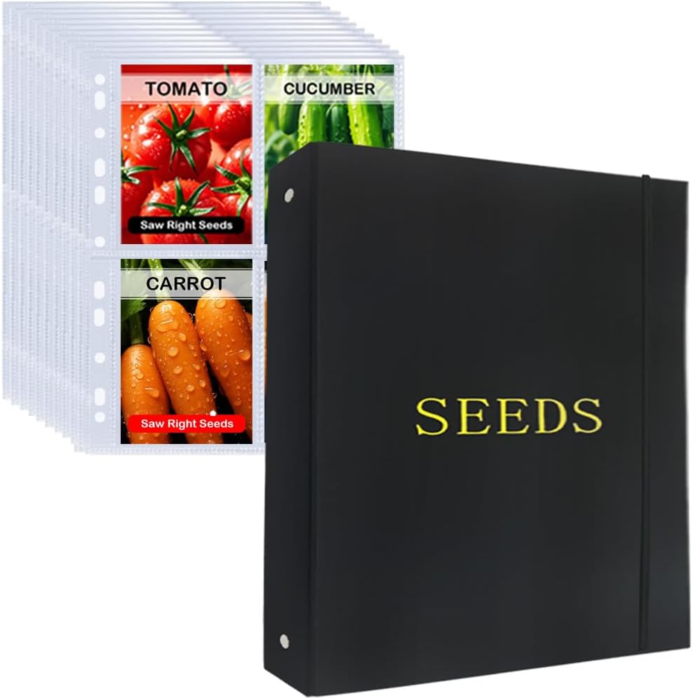 Seed Storage Organizer Binder,3 Ring Seed Packet Organizer with 100 Pockets(25 Pack Clear Sheet Protectors), Garden Seed Holder Book for Envelopes, Seed Keeper, Black