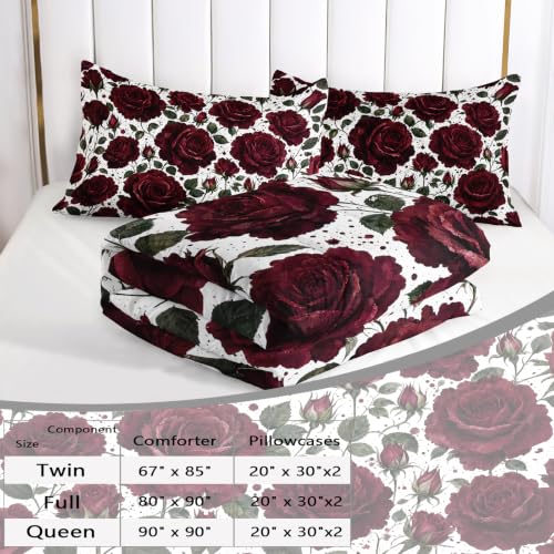 Image of AILONEN Wine Floral Full Duvet Set 3 Piece, 1 Comforter + 2 Pillowcases, Large Rose Heads Dark Green Foliage Crisp White Background for Elegant Guest Room