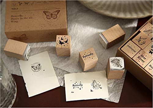 Fciqven 16 Pcs Vintage Wooden Rubber Stamp Set, Butterfly Decorative Stamp Wood Rubber Stamp for DIY Craft, Scrapbooking, Card Making, Gift Wrapping, Journals